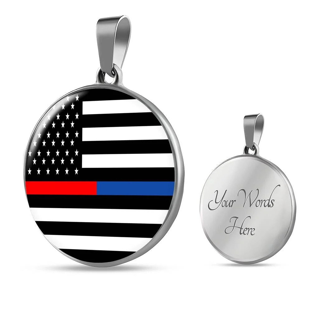 Political Thin Blue Red Line Circle Pendant Necklace Stainless Steel 24 Inch Ch